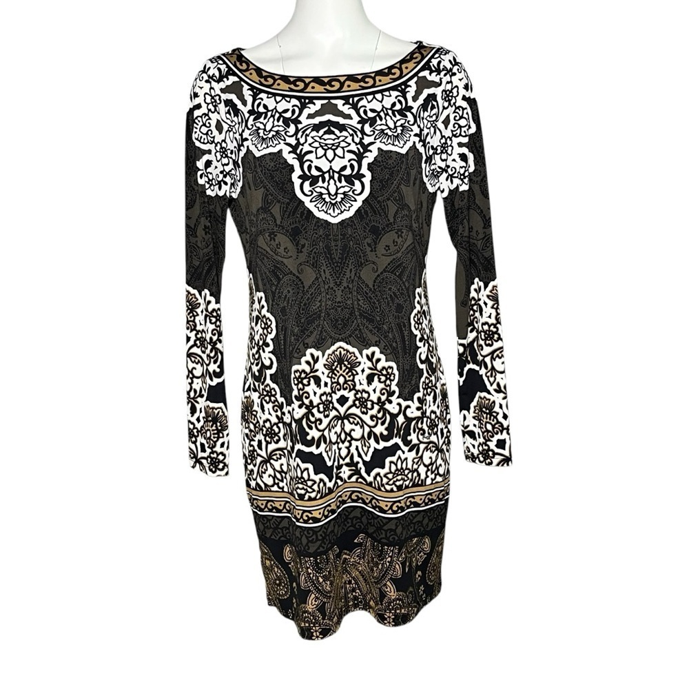 Hale Bob Sheath Dress Long Sleeve Boho Floral Brown Gold Boat Neck Size Medium